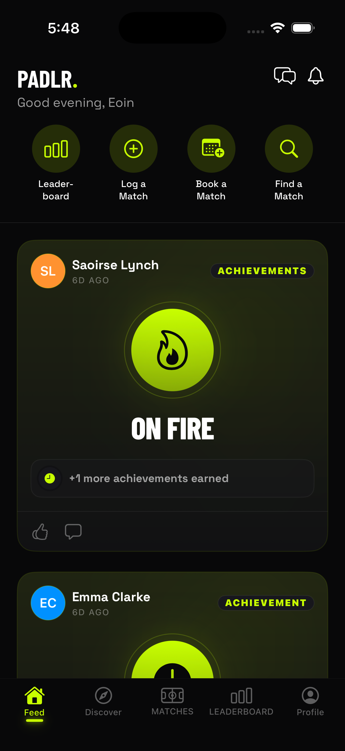 PADLR social feed showing match results and community activity